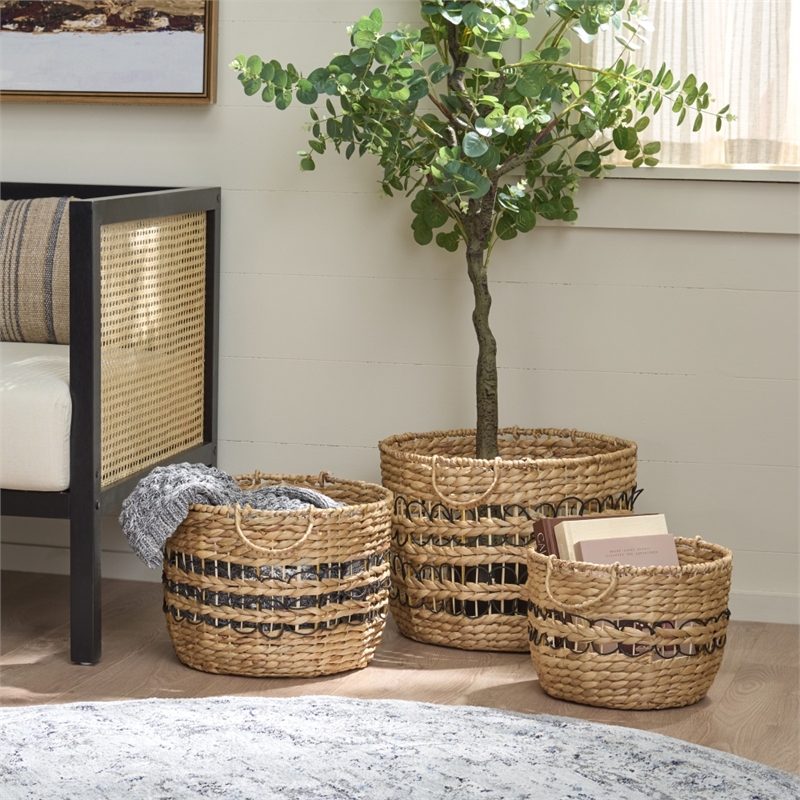 Safavieh Pitof Set Of 3 Metal Baskets  in Natural / Black