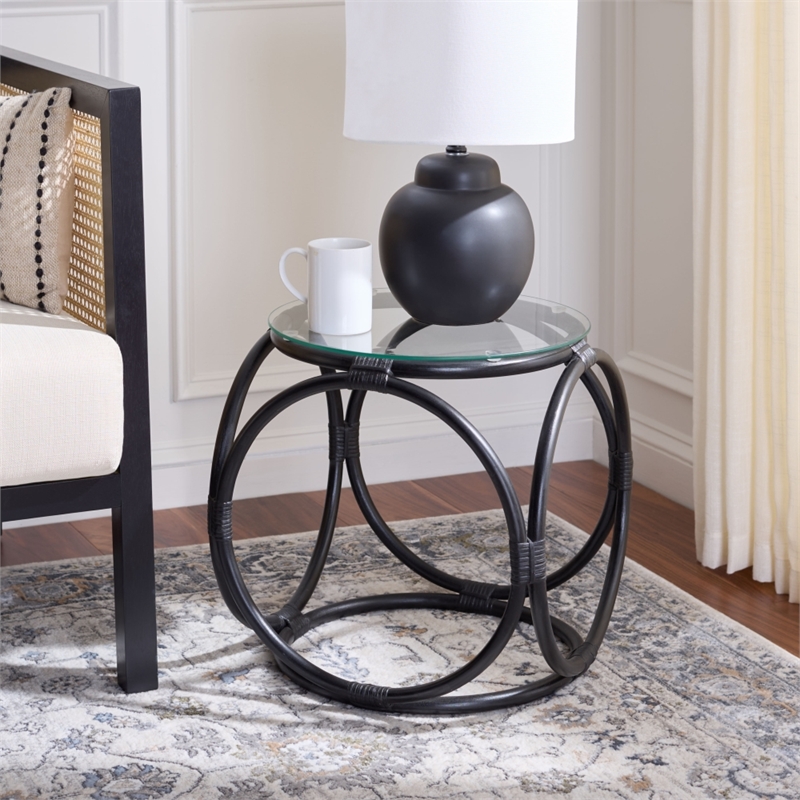 Safavieh Alesha Round Rattan Accent Table in Black / Glass