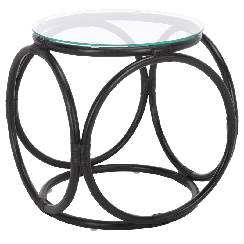 Safavieh Alesha Round Rattan Accent Table in Black / Glass
