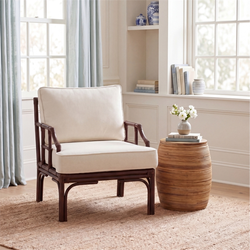 Safavieh Kazumi Rattan / Fabric Accent Chair w/ Cushion in White / Chocolate
