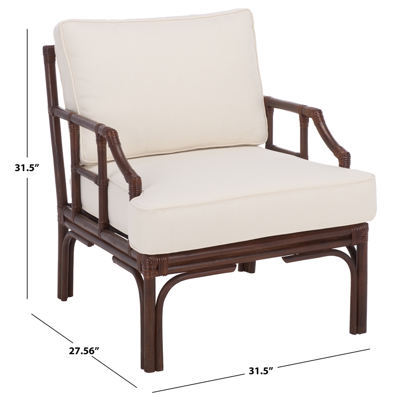 Safavieh Kazumi Rattan / Fabric Accent Chair w/ Cushion in White / Chocolate