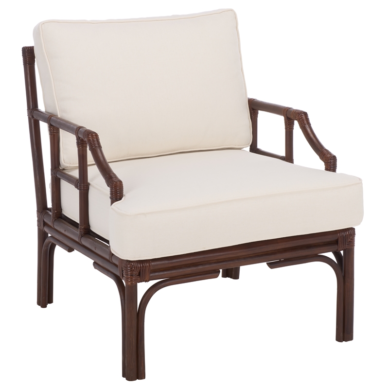 Safavieh Kazumi Rattan / Fabric Accent Chair w/ Cushion in White / Chocolate