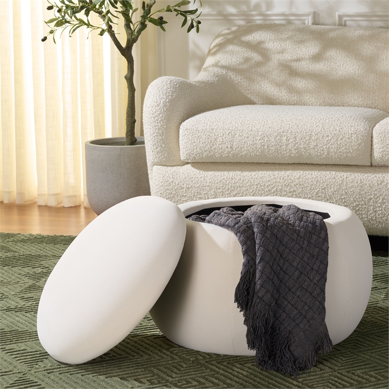 Safavieh Siara Round Wood and Fabric Storage Ottoman  in Cream