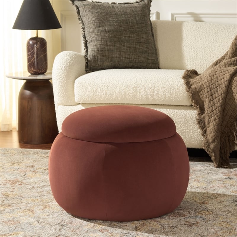 Safavieh Siara Round Wood and Fabric Storage Ottoman  in Rust