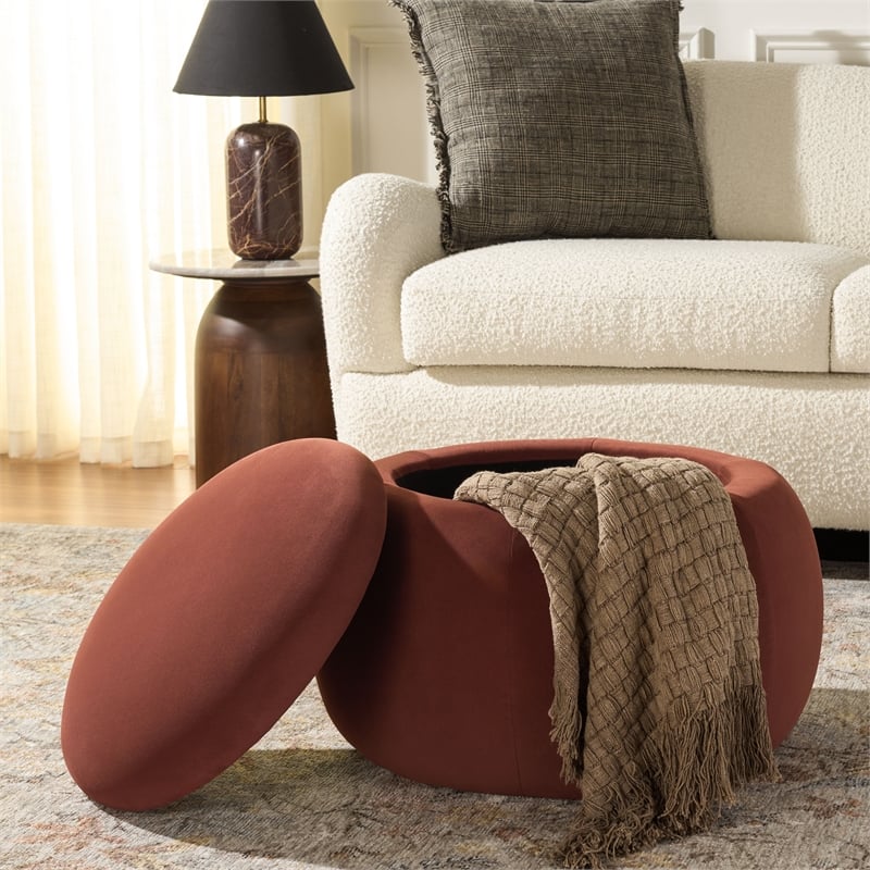 Safavieh Siara Round Wood and Fabric Storage Ottoman  in Rust