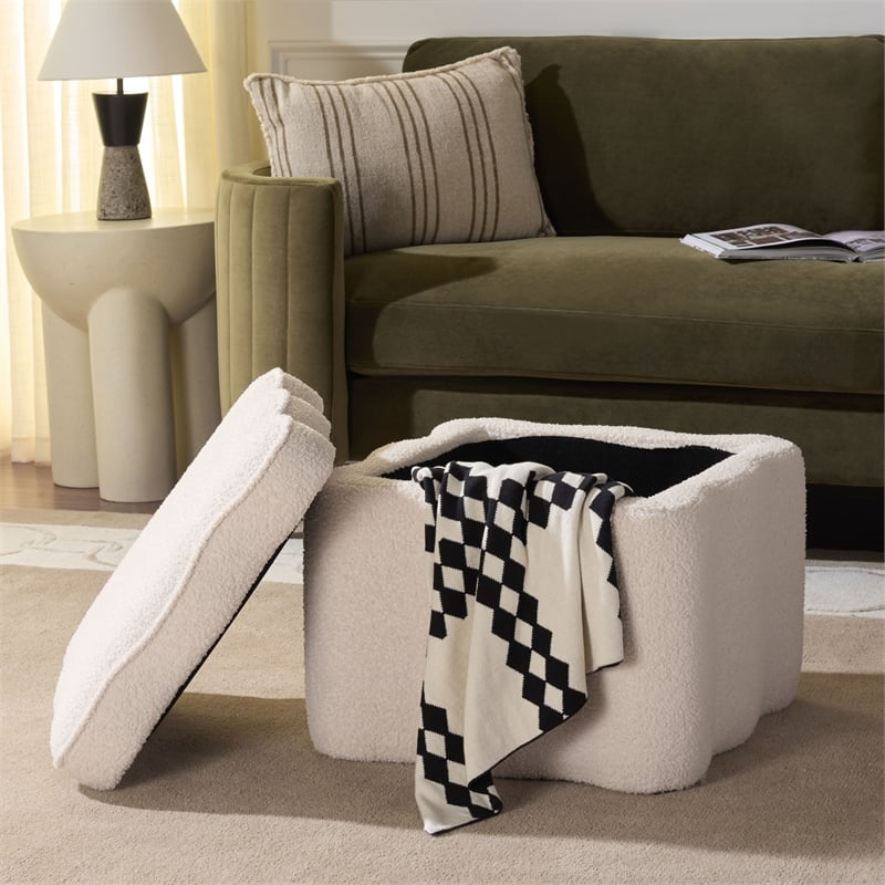 Safavieh Emmie Square Wood and Fabric Storage Ottoman  in Cream