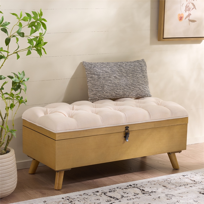 Safavieh Liam Tufted Fabric and Wood Cocktail Ottoman in Beige / Natural