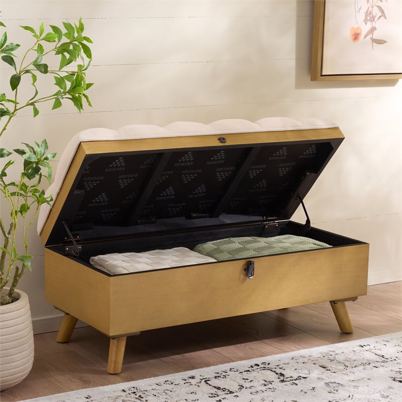 Safavieh Liam Tufted Fabric and Wood Cocktail Ottoman in Beige / Natural