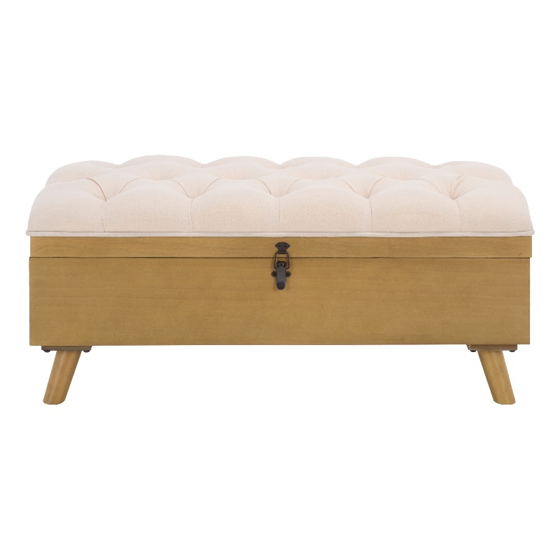 Safavieh Liam Tufted Fabric and Wood Cocktail Ottoman in Beige / Natural