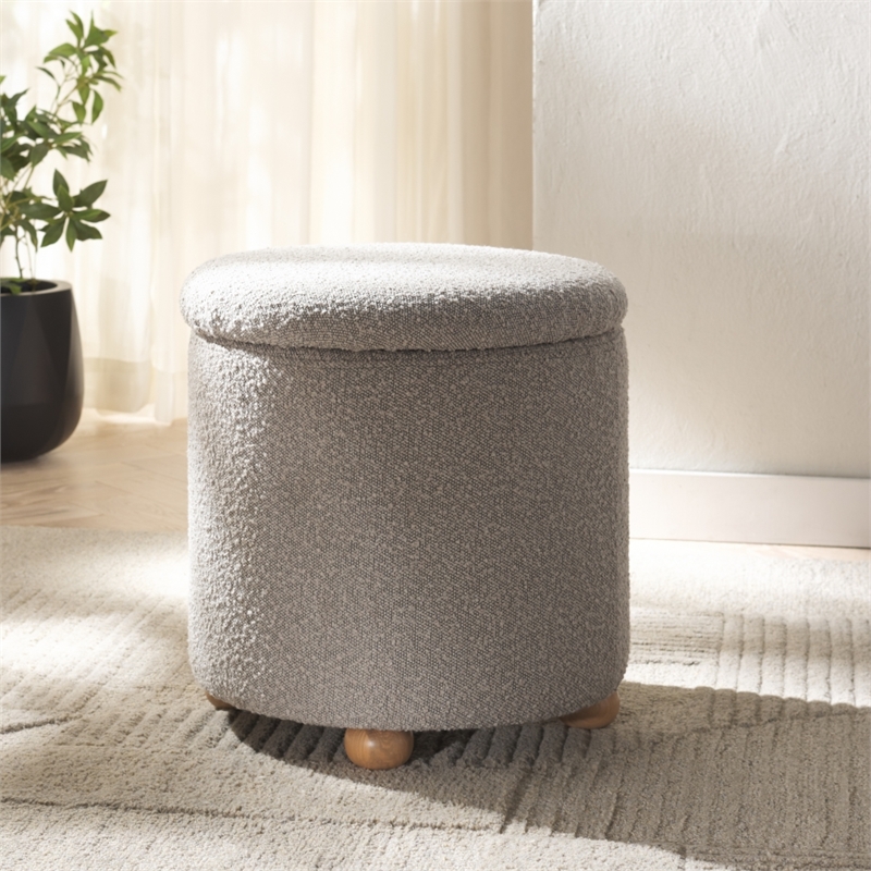 Safavieh Becka Round Boucle Wood and Fabric Storage Ottoman  in Gray / Natural