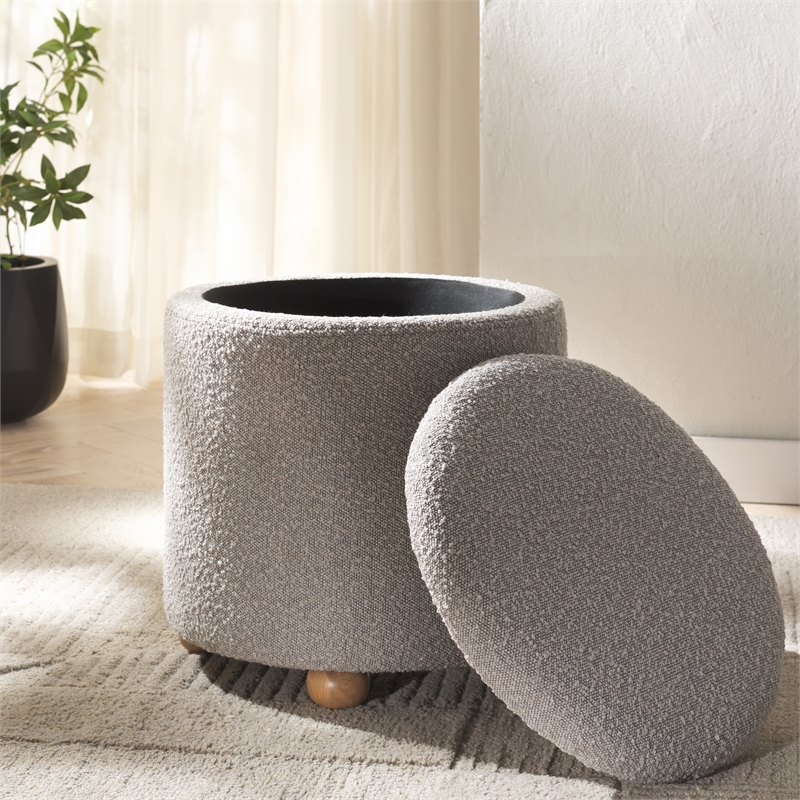 Safavieh Becka Round Boucle Wood and Fabric Storage Ottoman  in Gray / Natural