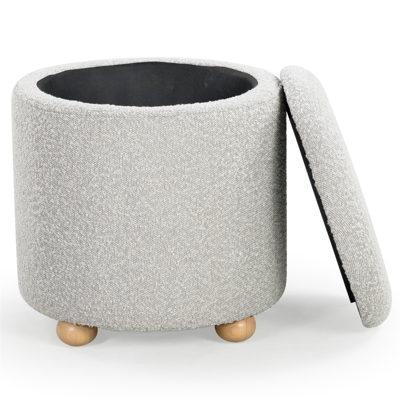 Safavieh Becka Round Boucle Wood and Fabric Storage Ottoman  in Gray / Natural