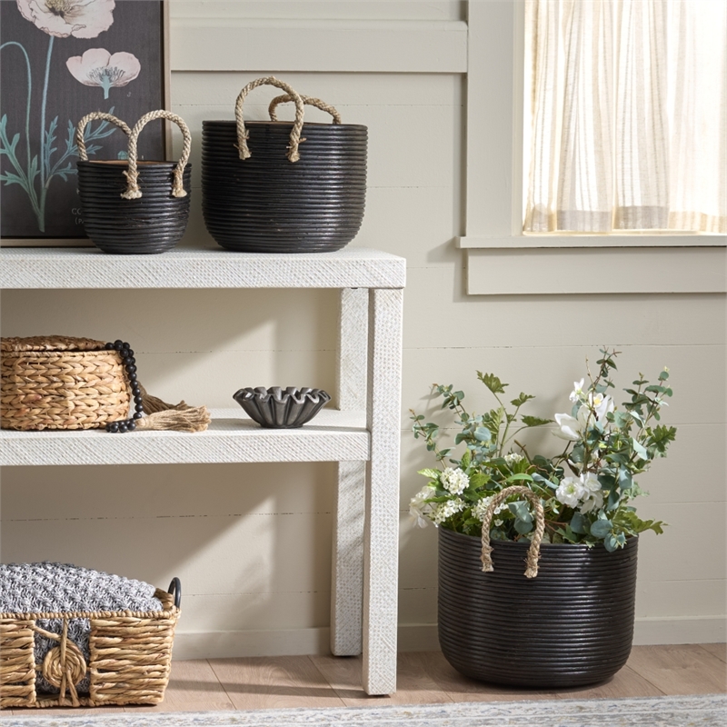 Safavieh Renley Set Of 3 Rattan Baskets in Black / Natural