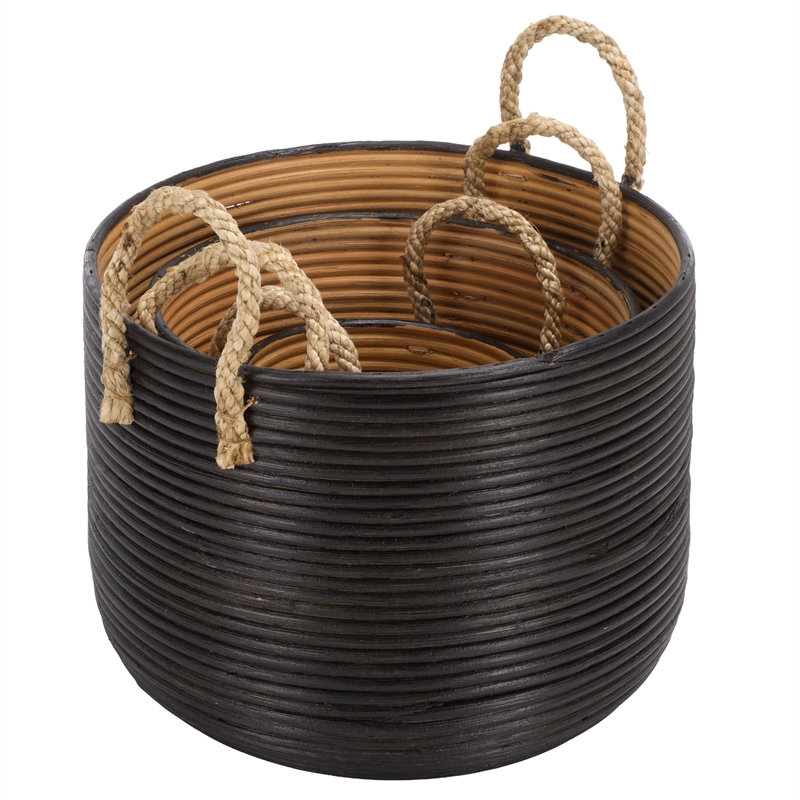 Safavieh Renley Set Of 3 Rattan Baskets in Black / Natural