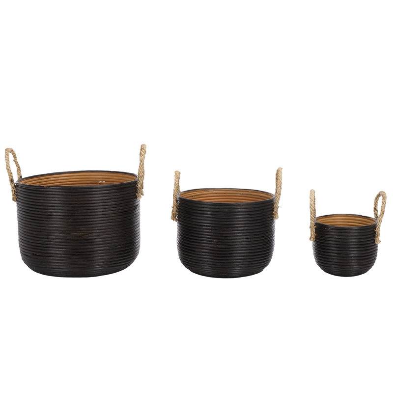 Safavieh Renley Set Of 3 Rattan Baskets in Black / Natural