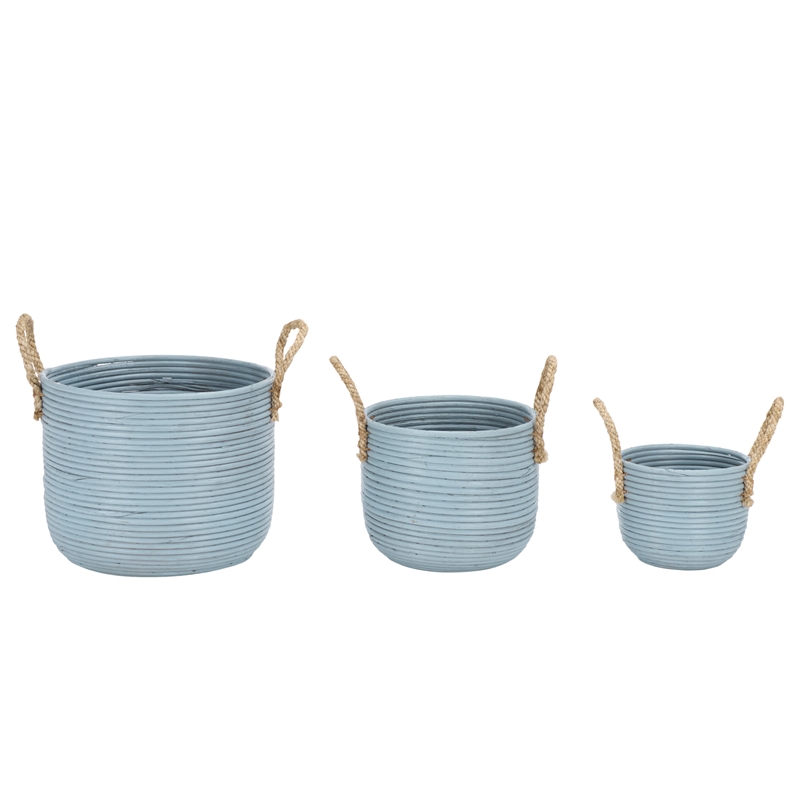 Safavieh Grenley Set Of 3 Rattan Baskets in Light Blue / Natural
