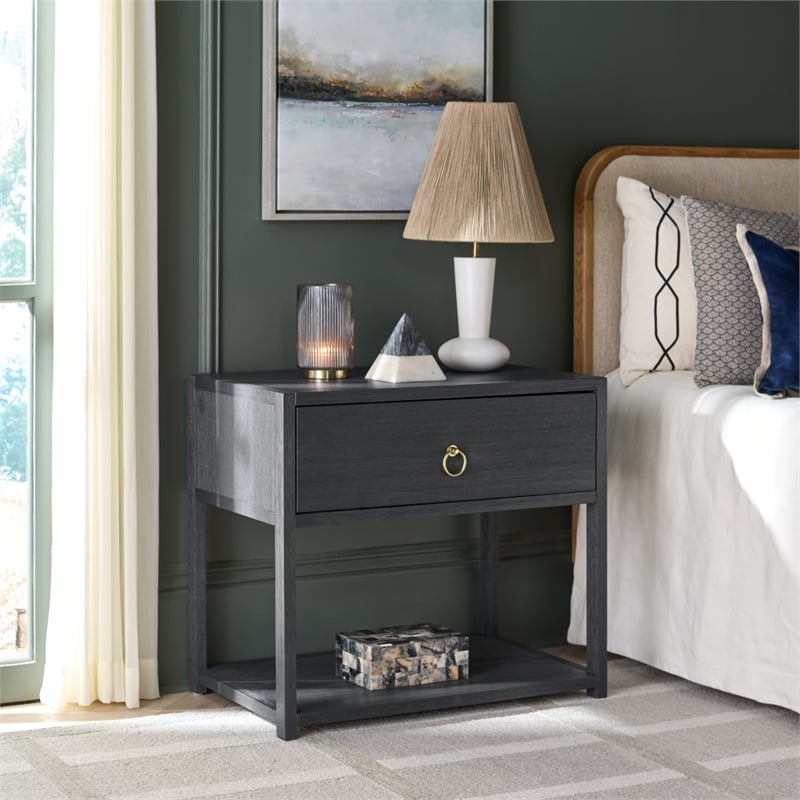Safavieh Large Sadie 1 Drawer 1 Shelf Metal and Wood Nightstand in Navy