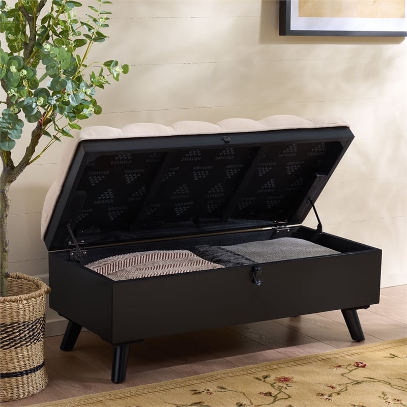 Safavieh Liam Tufted Fabric and Wood Cocktail Ottoman  in Beige / Black