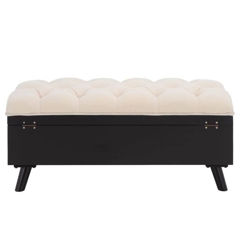 Safavieh Liam Tufted Fabric and Wood Cocktail Ottoman  in Beige / Black