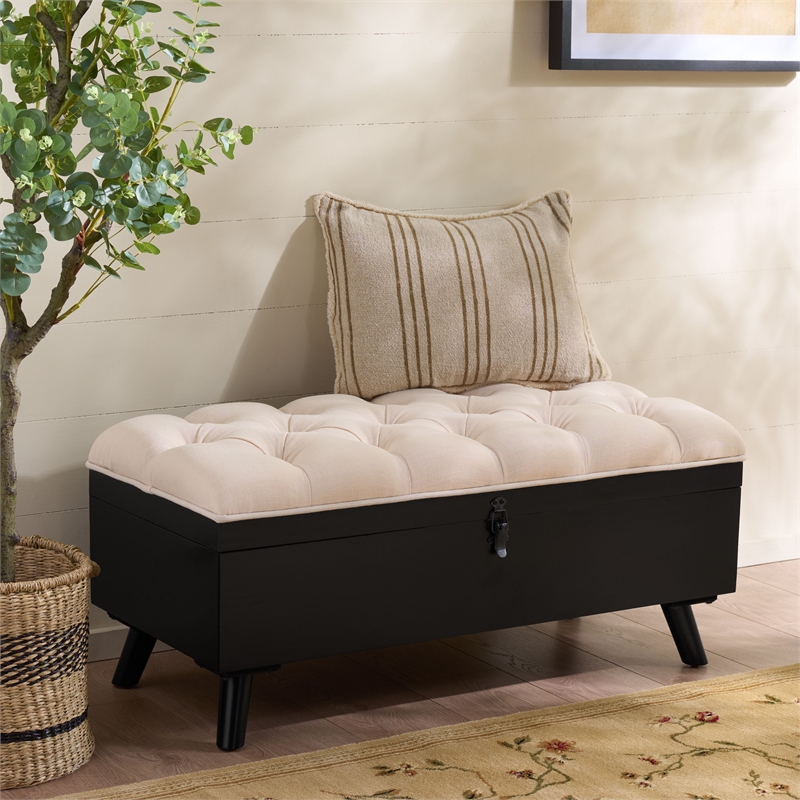 Safavieh Liam Tufted Fabric and Wood Cocktail Ottoman  in Beige / Black