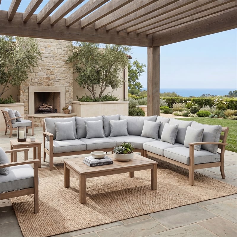 Safavieh Rosabecca Wood Patio Sectional Sofa in Natural / Light Gray