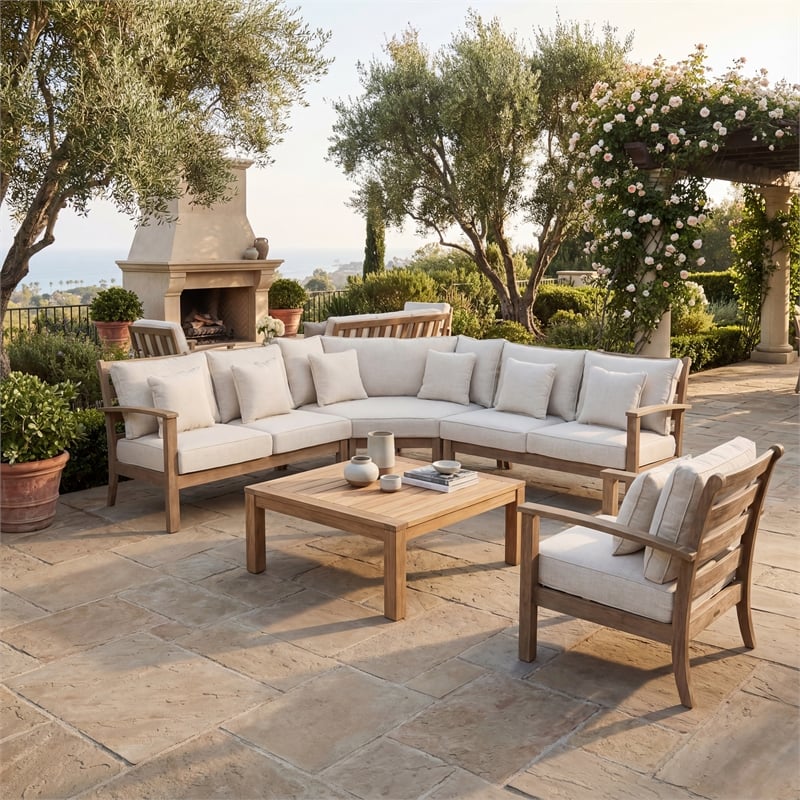 Safavieh Rosabecca Wood Patio Sectional Sofa in Natural / Beige