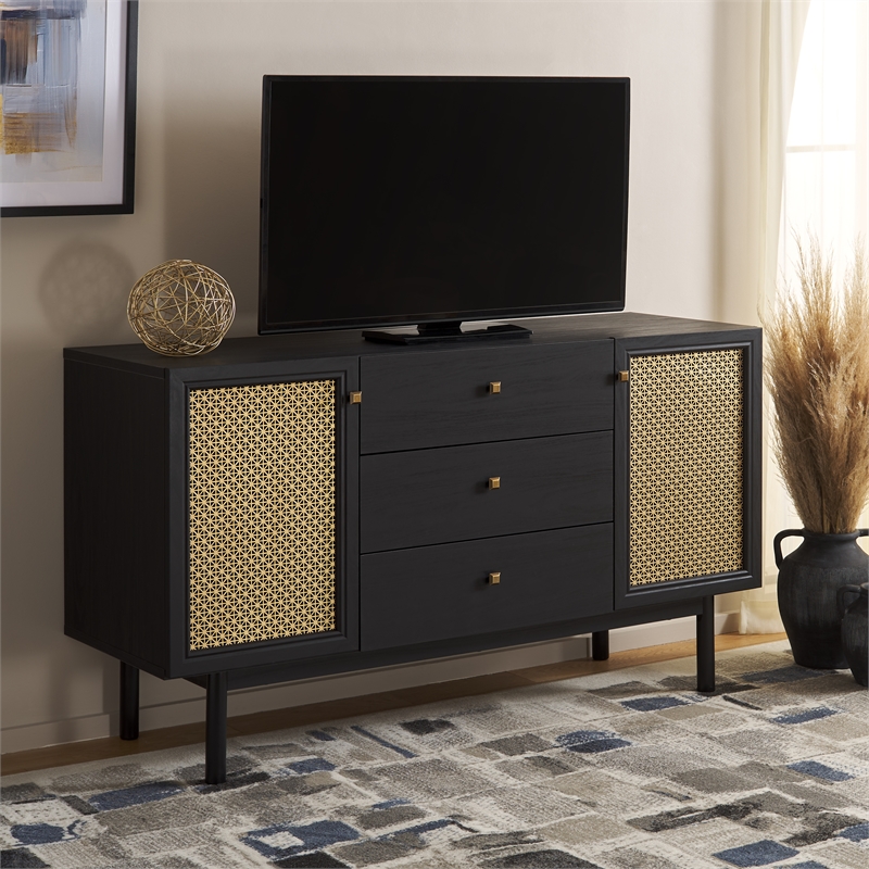 Safavieh Piran2 Door 3 Drawer Wood Sideboard/Media in Black / Gold