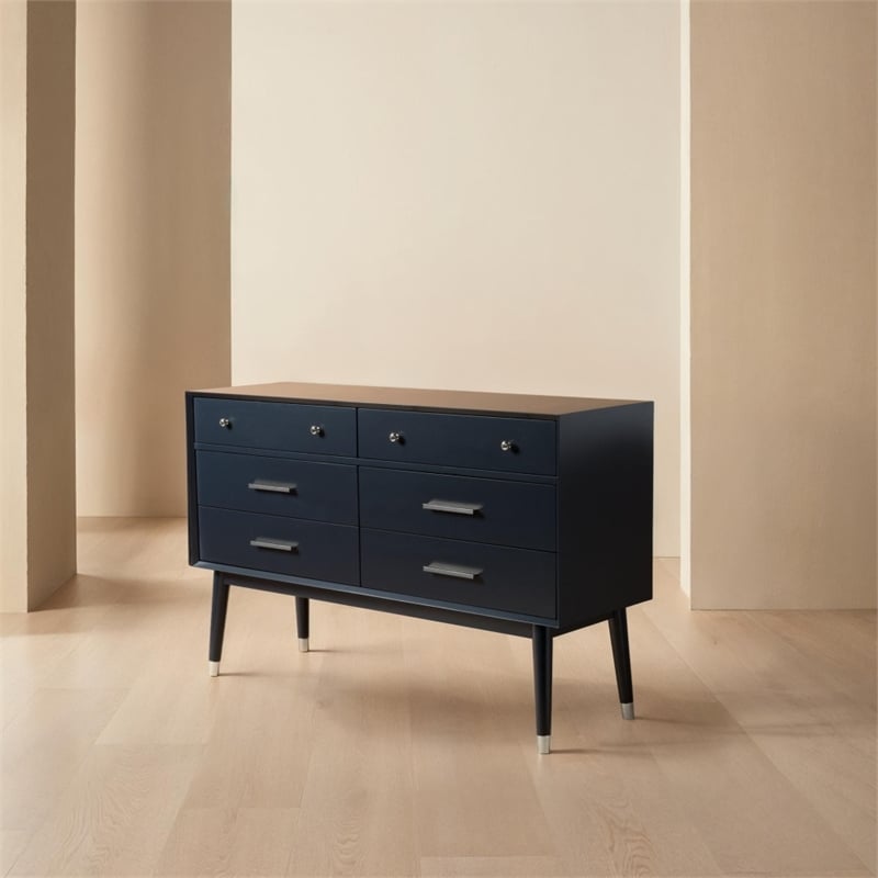 Safavieh Zack 6 Drawer Wood Dresser in Navy / Silver