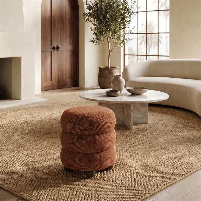 Safavieh Cecelia Round Chenille and Wood Ottoman in Rust / Walnut