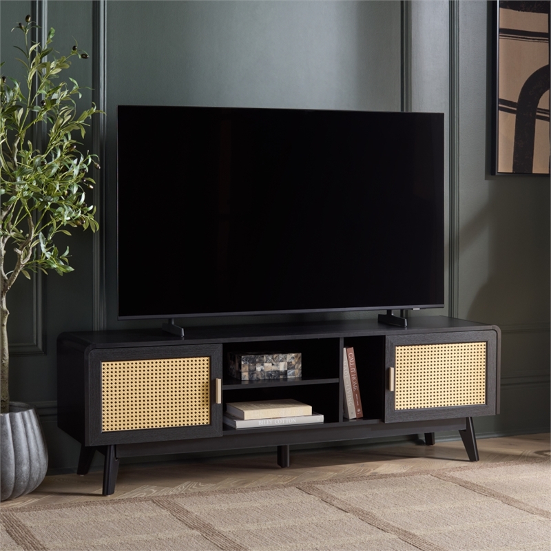 Safavieh Maddy 3 Shelf Rattan Doors Media Stand in Black
