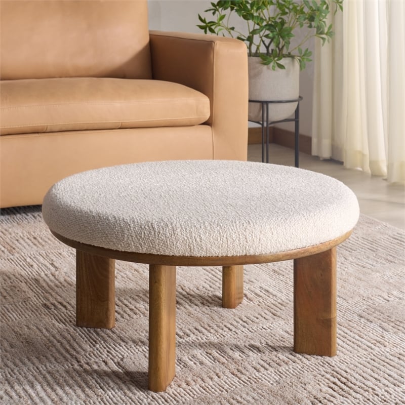 Safavieh Evgenia Round Wood Ottoman in White / Walnut