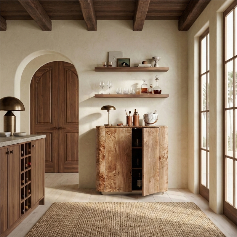 Safavieh Celestanno Wood Burl Bar Cabinet in Brown / Silver