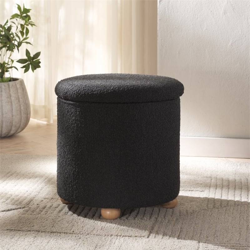 Safavieh Becka Round Boucle Storage Ottoma in Black / Natural