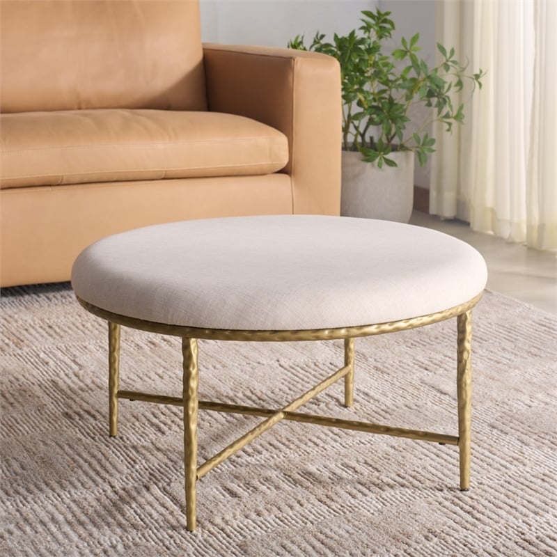 Safavieh Bogdana Round Iron Ottoman in Cream / Gold