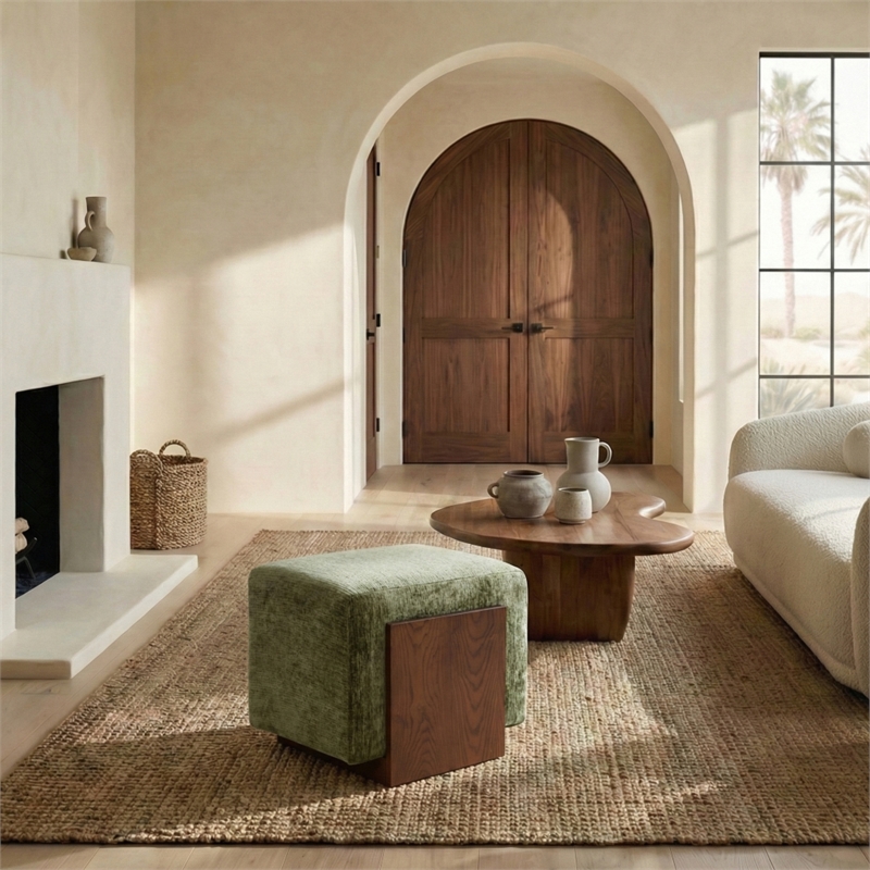 Safavieh Norabeth Chenille and Wood Ottoman in Green / Walnut