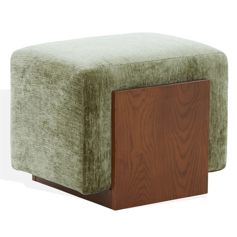 Safavieh Norabeth Chenille and Wood Ottoman in Green / Walnut