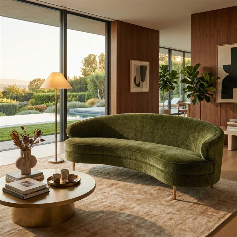 Safavieh Primrose Wood Curved Sofa in Olive  / Gold
