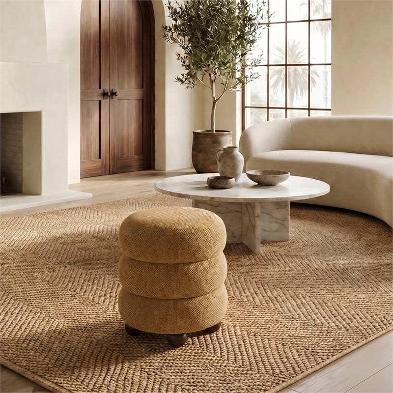 Safavieh Cecelia Round Chenille and Wood Ottoman in Mustard / Walnut