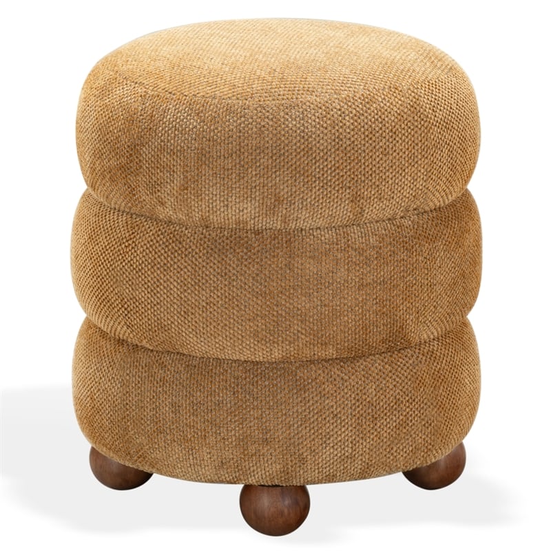 Safavieh Cecelia Round Chenille and Wood Ottoman in Mustard / Walnut