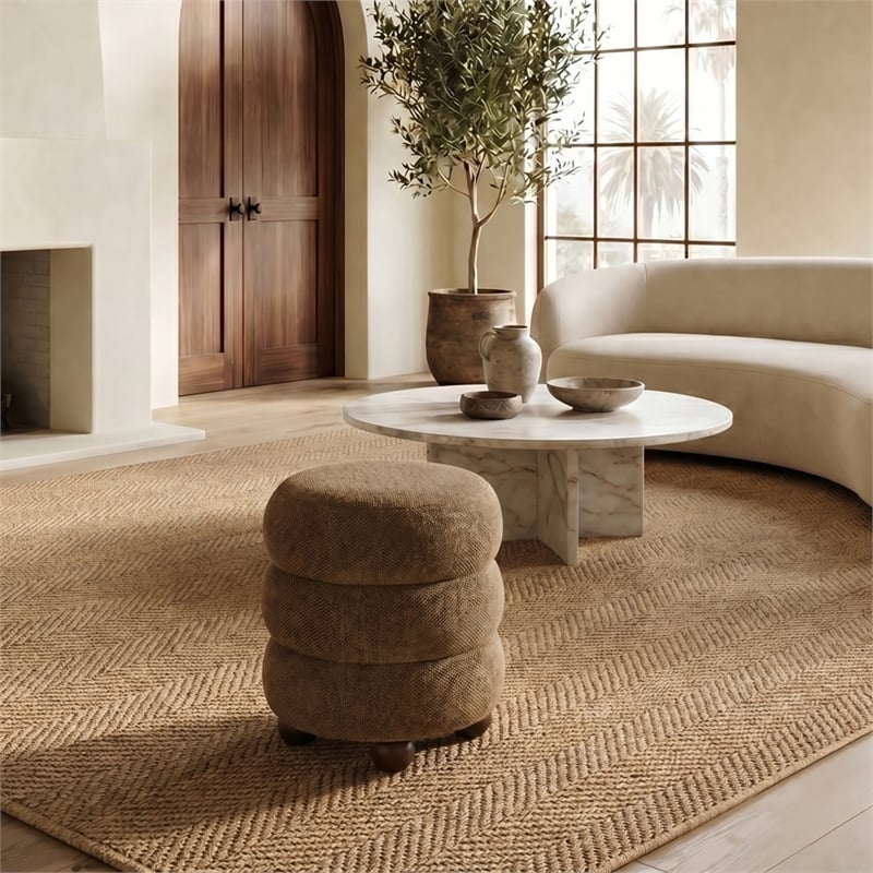 Safavieh Cecelia Round Chenille and Wood Ottoman in Brown/ Walnut