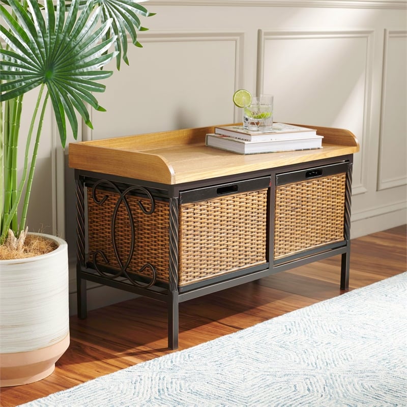 Safavieh Bergen Elm Wood Storage Bench in Pewter and Ash