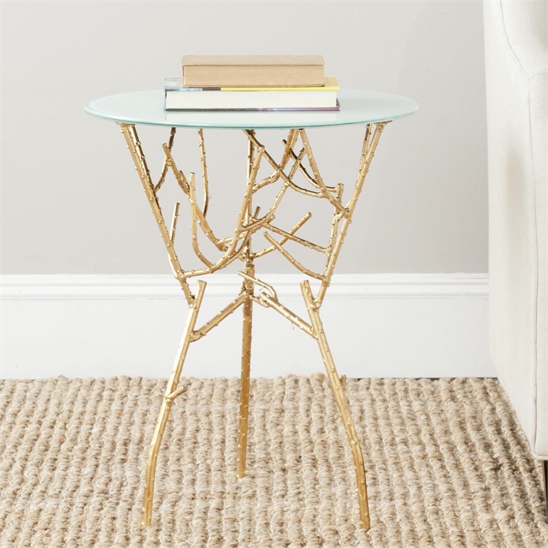 Safavieh Tara Iron and Glass Accent Table in Gold and White