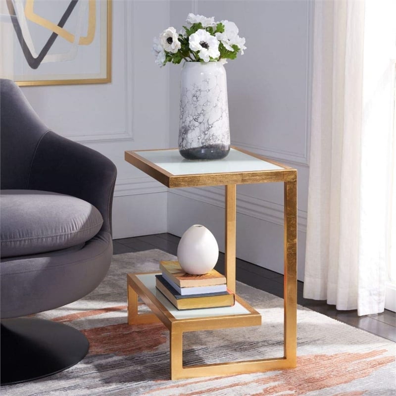 Safavieh Kennedy Iron and Glass Accent Table in Gold and White