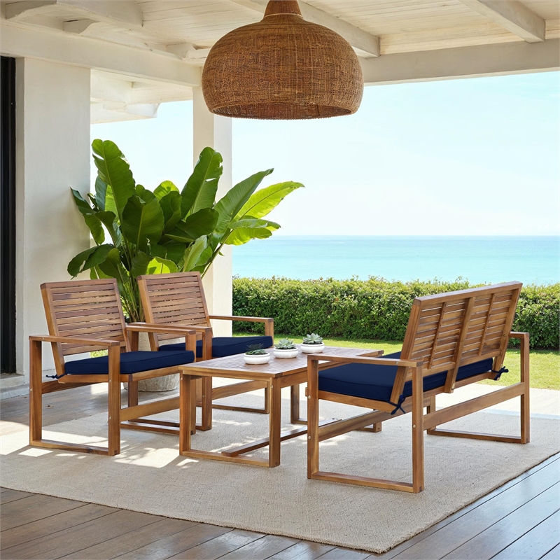 Safavieh Ozark 4 Piece Patio Sofa Set in Brown and Navy