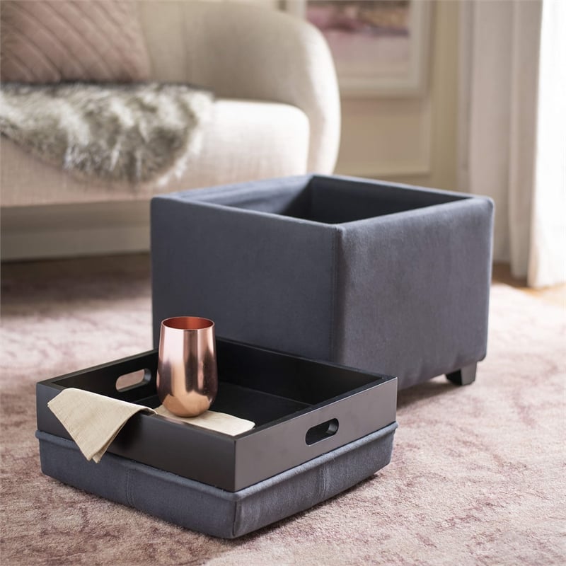 Safavieh Carter Birch Wood Linen Tray Ottoman in Dark Grey