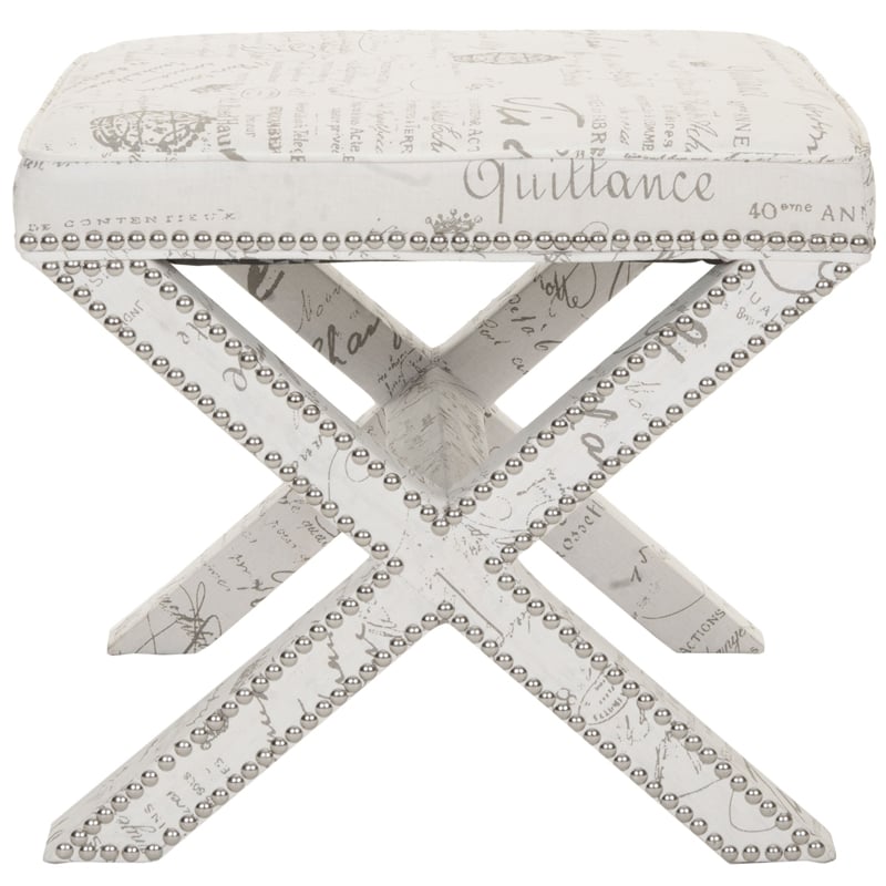 Safavieh Palmer Birch Wood Ottoman in White with French Writing