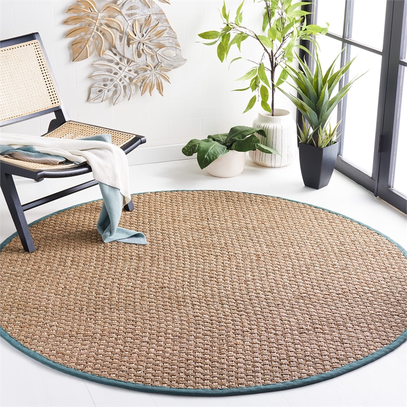 Safavieh Natural Fiber Round Rug in Natural / Light Blue