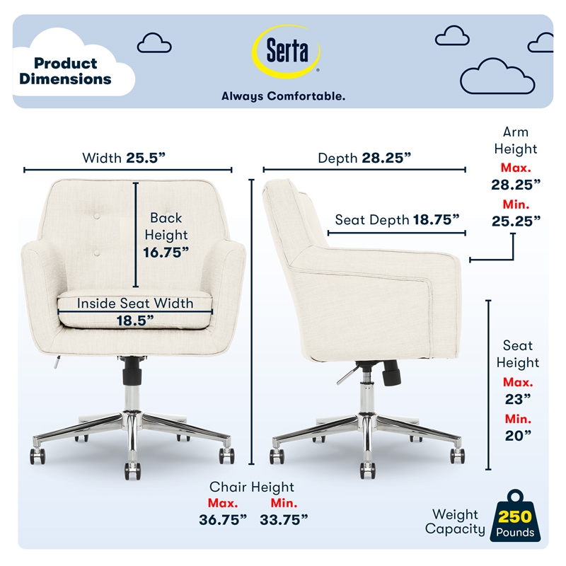 Serta Ashland Home Office Desk Chair Memory Foam Cushion Ivory Twill Fabric