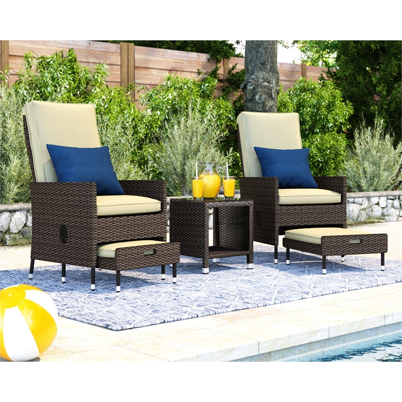 Serta Laguna 5 Piece Wicker Patio Reclining Sofa Set in Brown