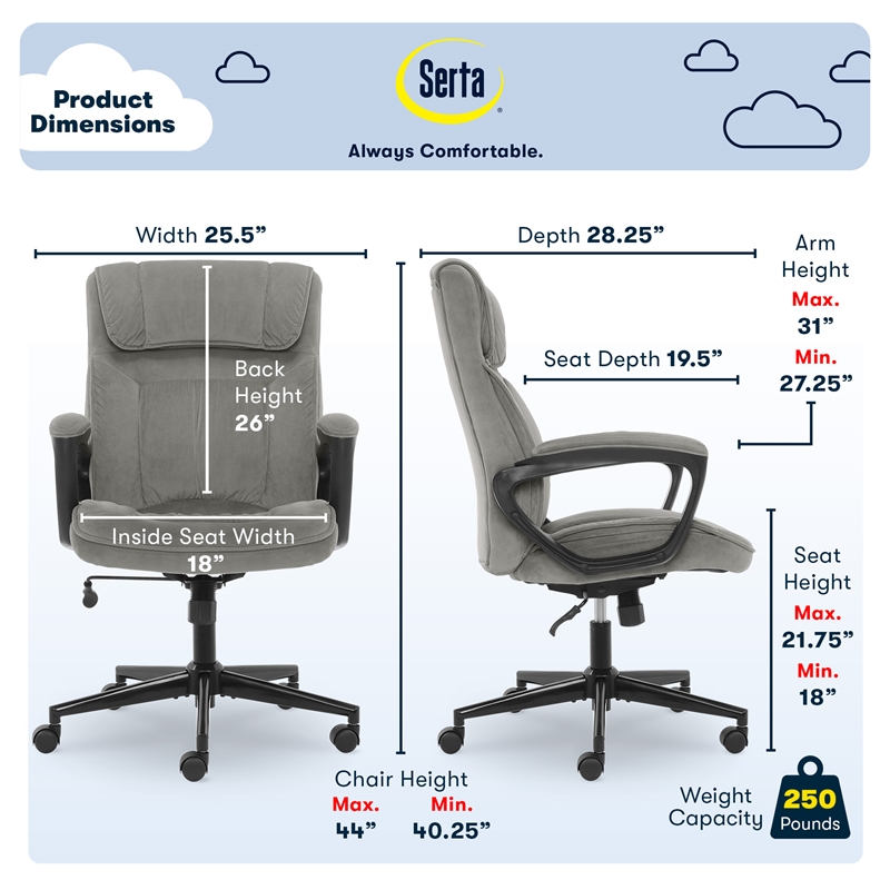 Serta Hannah Upholstered Modern Velvet Microfiber Office Chair in Gray